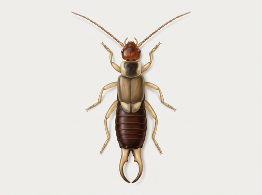 Skorek zwyczajny (Forficula aurcularia), samiec z góry, brązowy z krótkimi osłonami skrzydeł i mocno zakrzywionymi szczypcami na odwłoku