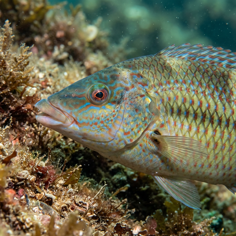 Pfauen-Lippfisch (Symphodus tinca), ilustracja AI