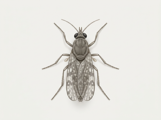 Muszka gryząca (Culicoides) z góry z cętkowanymi, zachodzącymi na siebie skrzydłami