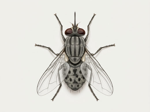 Róg cielęcy (Stomoxys calcitrans) z góry z wystającą do przodu trąbką