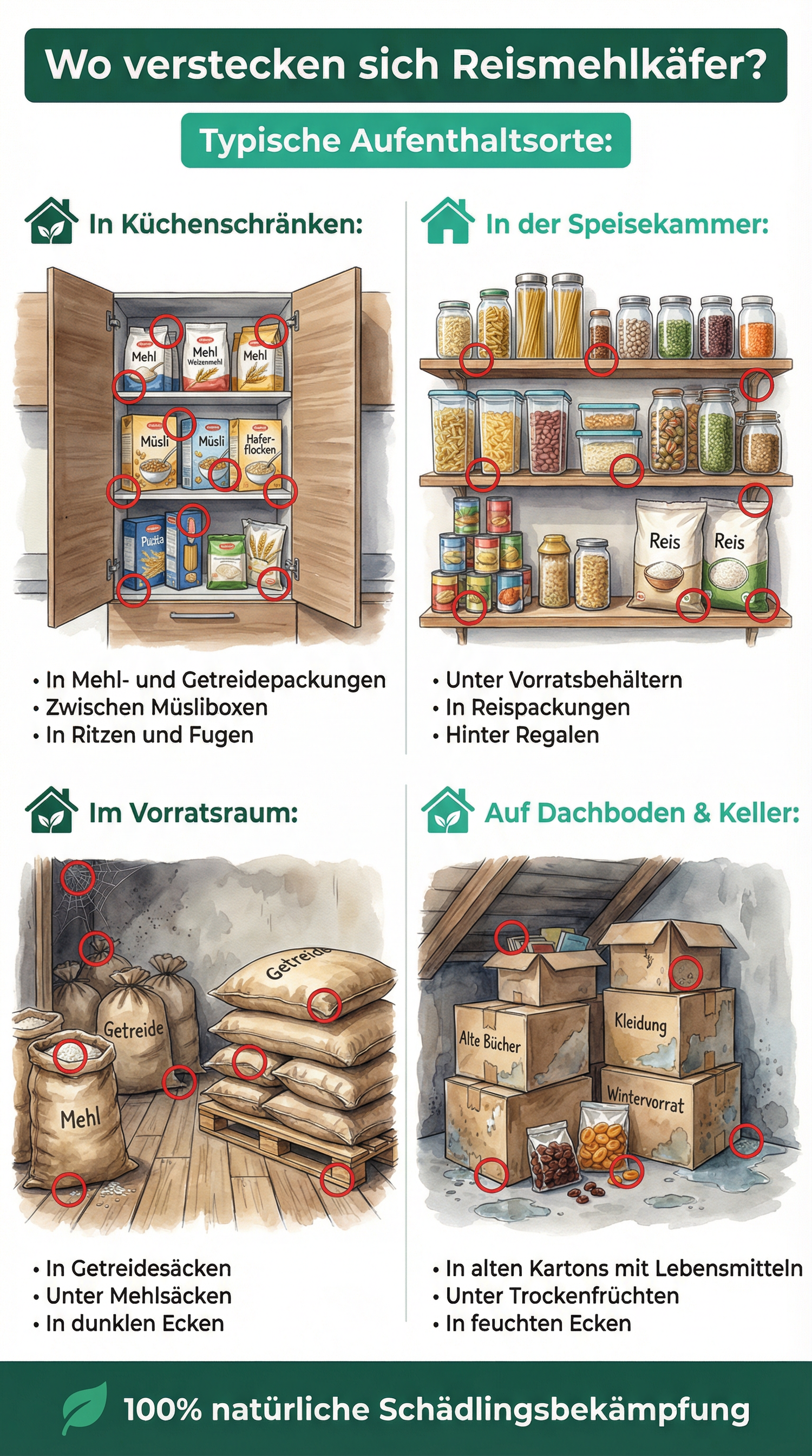 Silberkraft Infografik: Wo verstecken sich Reismehlkäfer? Typische Aufenthaltsorte in Küchenschränken, Speisekammer, Vorratsraum sowie Dachboden und Keller – Befall in Mehl-, Getreide- und Reisverpackungen
