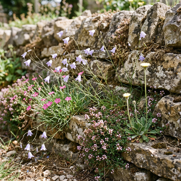 Rundblättrige Glockenblume (Campanula rotundifolia) in Blüte im naturnahen Garten (KI-generiert)