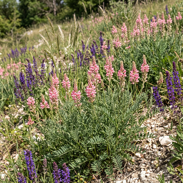 Saat-Esparsette (Onobrychis viciifolia) in Blüte im naturnahen Garten (KI-generiert)