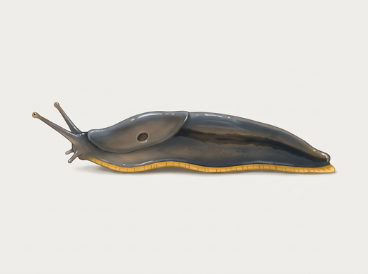 Ślimak ogrodowy (Arion hortensis) z boku, ciemnoszary z żółto-pomarańczową pełzającą podeszwą
