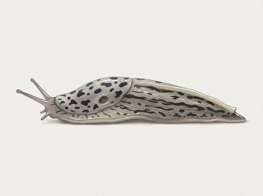 Ślimak tygrysi (Limax maximus) z boku, jasnoszary z ciemnymi plamami i podłużnymi paskami