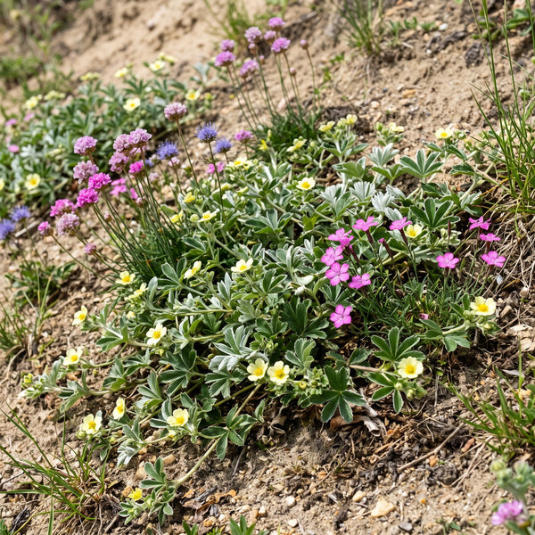 Silber-Fingerkraut (Potentilla argentea) in Blüte im naturnahen Garten (KI-generiert)