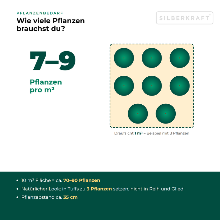 Pflanzenbedarf Gewöhnliche Schafgarbe (Achillea millefolium): 7–9 Pflanzen pro m², 10 m² Fläche = ca. 70–90 Pflanzen