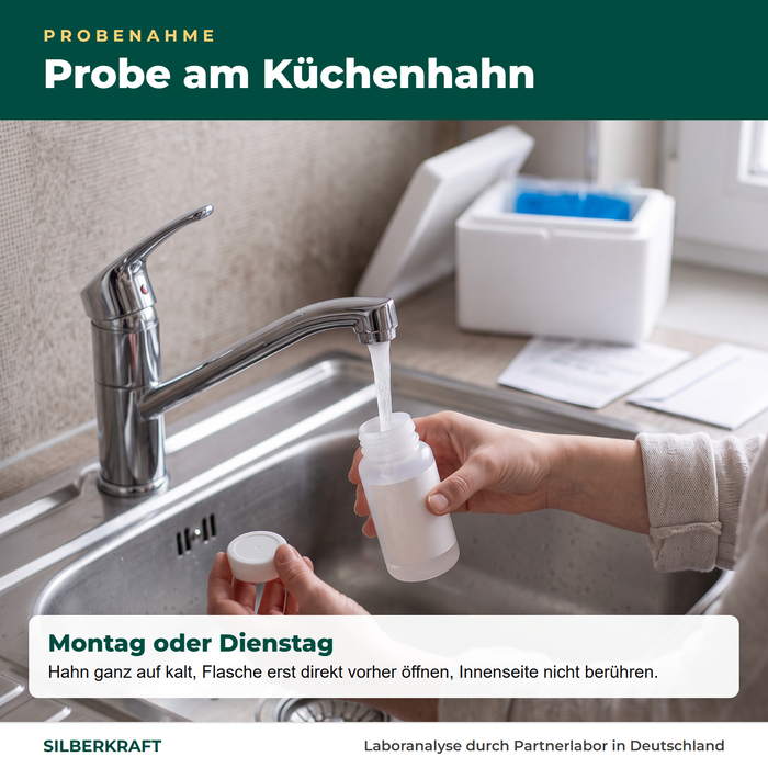 Probenahme am Küchenhahn: Hahn ganz auf kalt, Flasche erst direkt vorher öffnen
