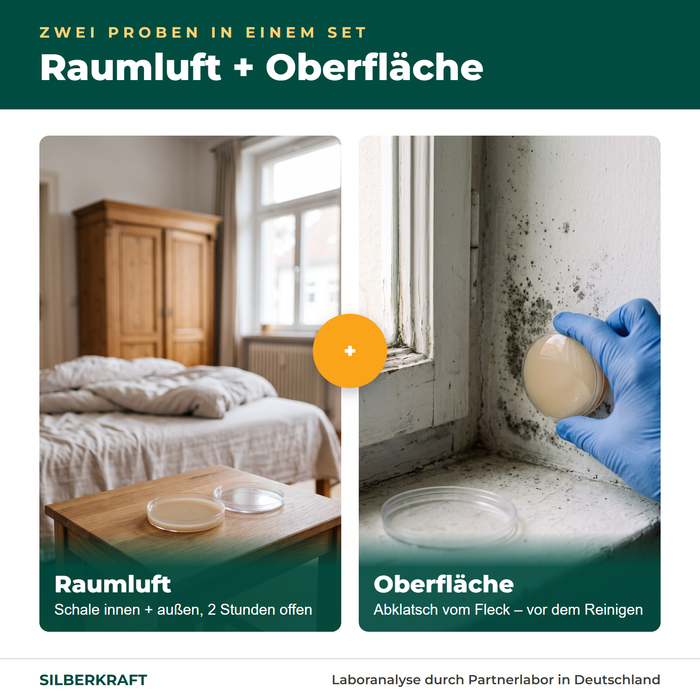 Dwie próbki w jednym zestawie: powietrze wewnątrz i na zewnątrz plus odcisk z plamy