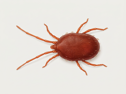 Klee-Spinnmilbe (Bryobia) von oben, rotbraun mit acht Beinen und deutlich verlängerten Vorderbeinen