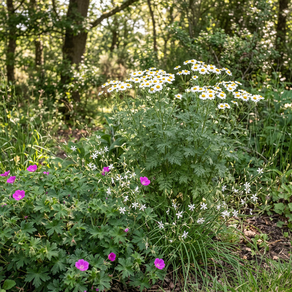 Straußblütige Wucherblume (Tanacetum corymbosum) in Blüte im naturnahen Garten (KI-generiert)