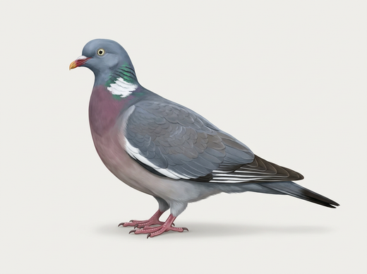Gołąb grzywacz (Columba palumbus) z boku z białą łatą na gardle, białą opaską na skrzydłach i różową piersią
