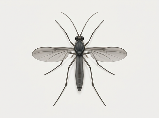 Komar grzybowy (Sciaridae) z góry, smukły i ciemnoszary z długimi nogami i czułkami