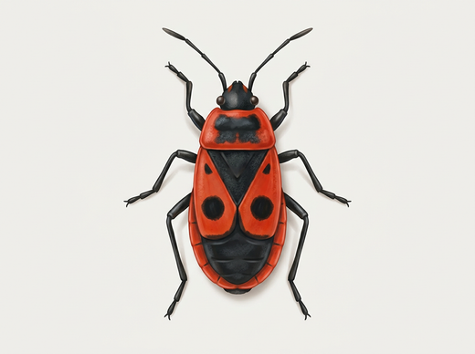 Ognisty robak (Pyrrhocoris apterus) z góry: czerwono-czarny wzór z dużą czarną kropką na każdej osłonie skrzydła