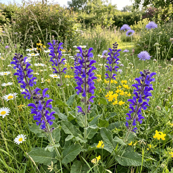 Wiesen-Salbei (Salvia pratensis) in Blüte im naturnahen Garten (KI-generiert)