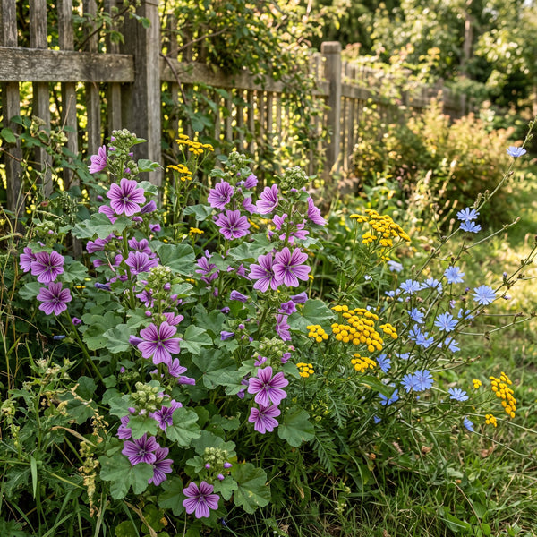 Wilde Malve (Malva sylvestris) in Blüte im naturnahen Garten (KI-generiert)