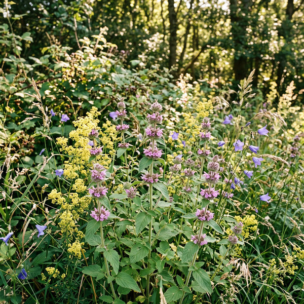 Wirbeldost (Clinopodium vulgare) in Blüte im naturnahen Garten (KI-generiert)