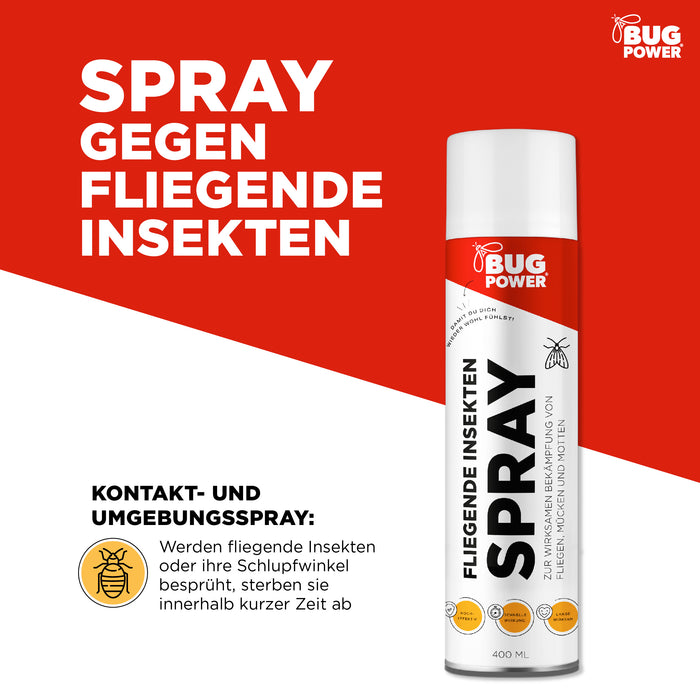 BugPower Spray gegen fliegende Insekten 400 ml - breites Wirkungsspektrum - schnelle Wirkung & mit Knock-Down-Effekt - Silberkraft