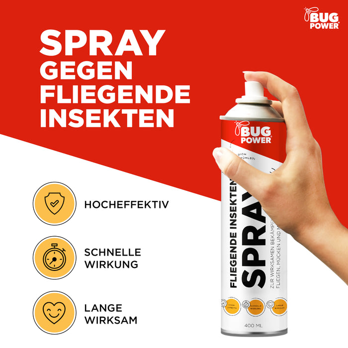 BugPower Spray gegen fliegende Insekten 400 ml - breites Wirkungsspektrum - schnelle Wirkung & mit Knock-Down-Effekt - Silberkraft