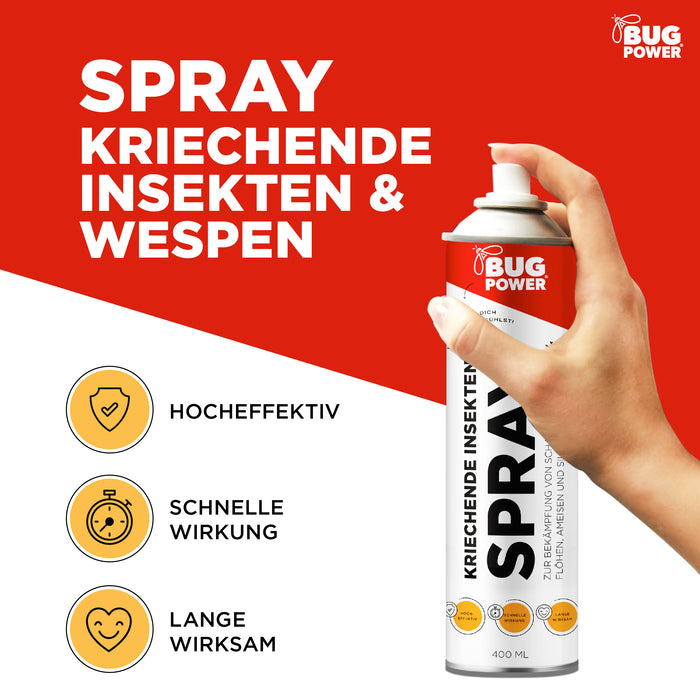 BugPower Spray gegen kriechende Insekten und Wespen 400 ml - breites Wirkungsspektrum - schnelle Wirkung & Knock-Down-Effekt - Silberkraft